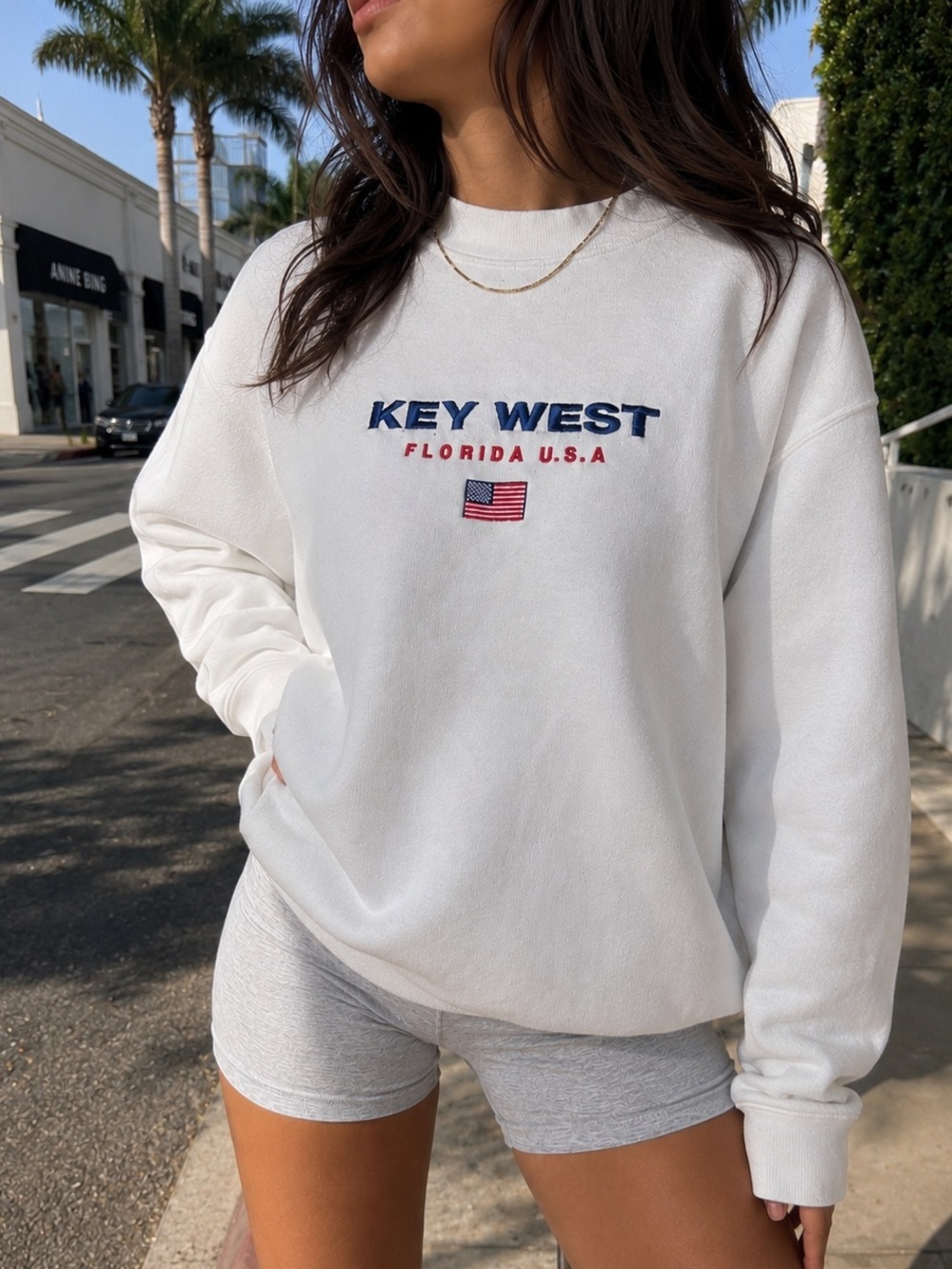 Vintage 90s Key West Florida USA Embroidered Crew Mock Neck Sweatshirt M White